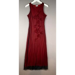 Jalate Maxi Dress Womens Medium Red Black Mesh Velvet Floral Burnout 90s Y2K